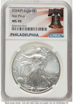 2024-(P) Silver Eagle (Privy Mark) Philadelphia Liberty Bell Flag Label NGC MS70