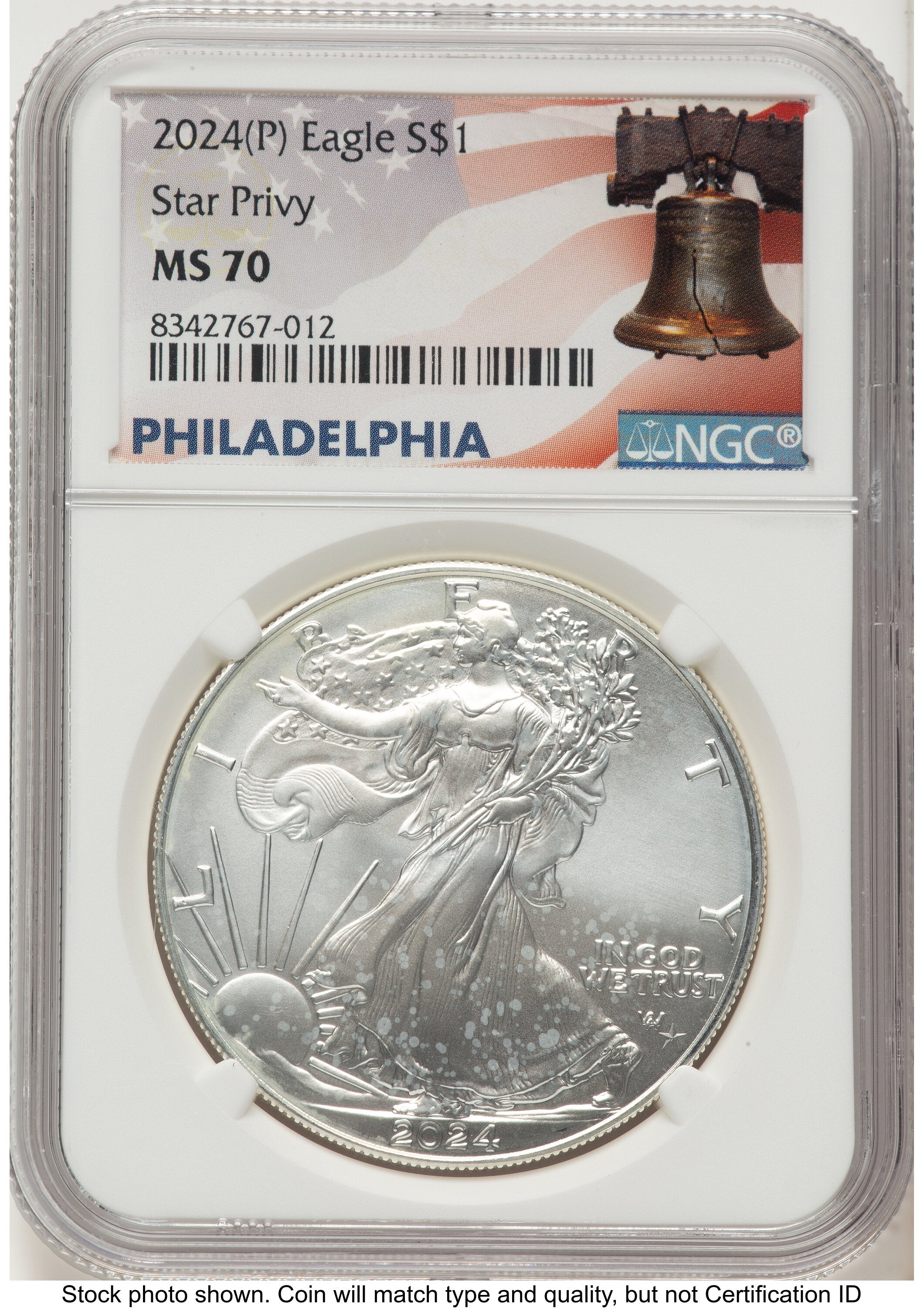 2024-(P) Silver Eagle (Privy Mark) Philadelphia Liberty Bell Flag Label NGC MS70