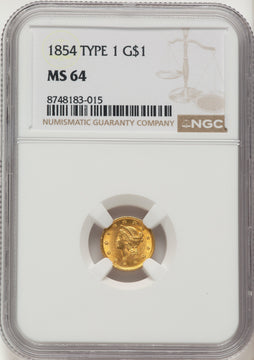 1854 G$1 T-1 Gold Dollar NGC MS64
