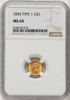 1854 G$1 T-1 Gold Dollar NGC MS64