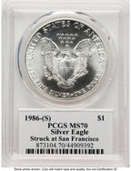 1986-(S) Silver Eagle John Bridge PCGS MS70 Mercanti