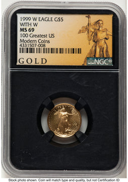 1999-W Gold Eagle 1/10 oz Unfinished Proof Dies 100 Greatest US Modern Coins American Liberty Series NGC PF69