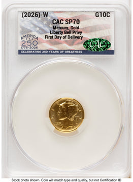 2026 2 Coin Best of the Mint 1916 Mercury Dime Gold 1/10 oz and Silver 1 oz Medal Set First Day of Delivery America 250 Flag Label CACG MS70