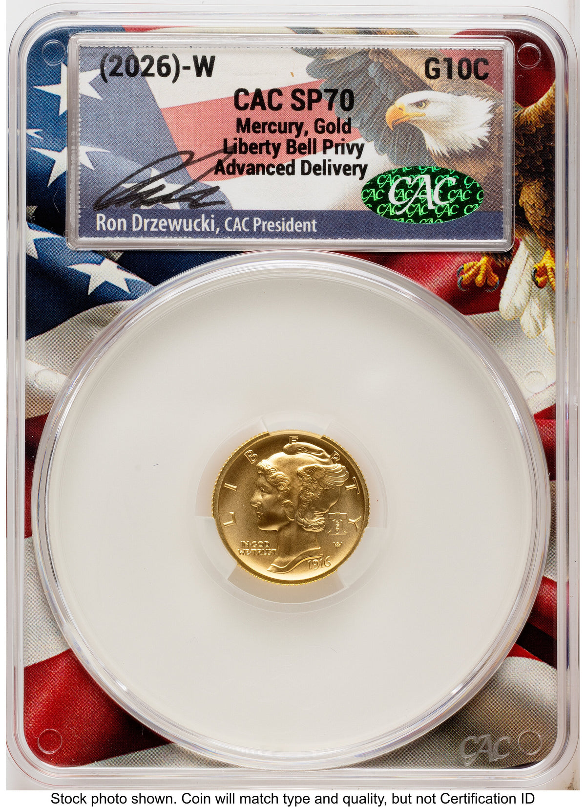 2026-W Best of the Mint 1916 Mercury Dime Gold 1/10 oz Advanced Delivery Ron Drzewucki Flag Core CACG MS70