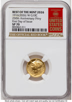 2026-W Best of the Mint 1916 Mercury Dime Gold 1/10 oz FDI Red Book NGC MS70