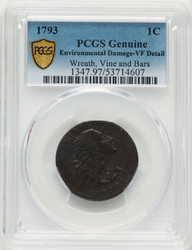 1793 Wreath 1C Vine and Bars Edge BN Genuine Large Cent Genuine PCGS VF20