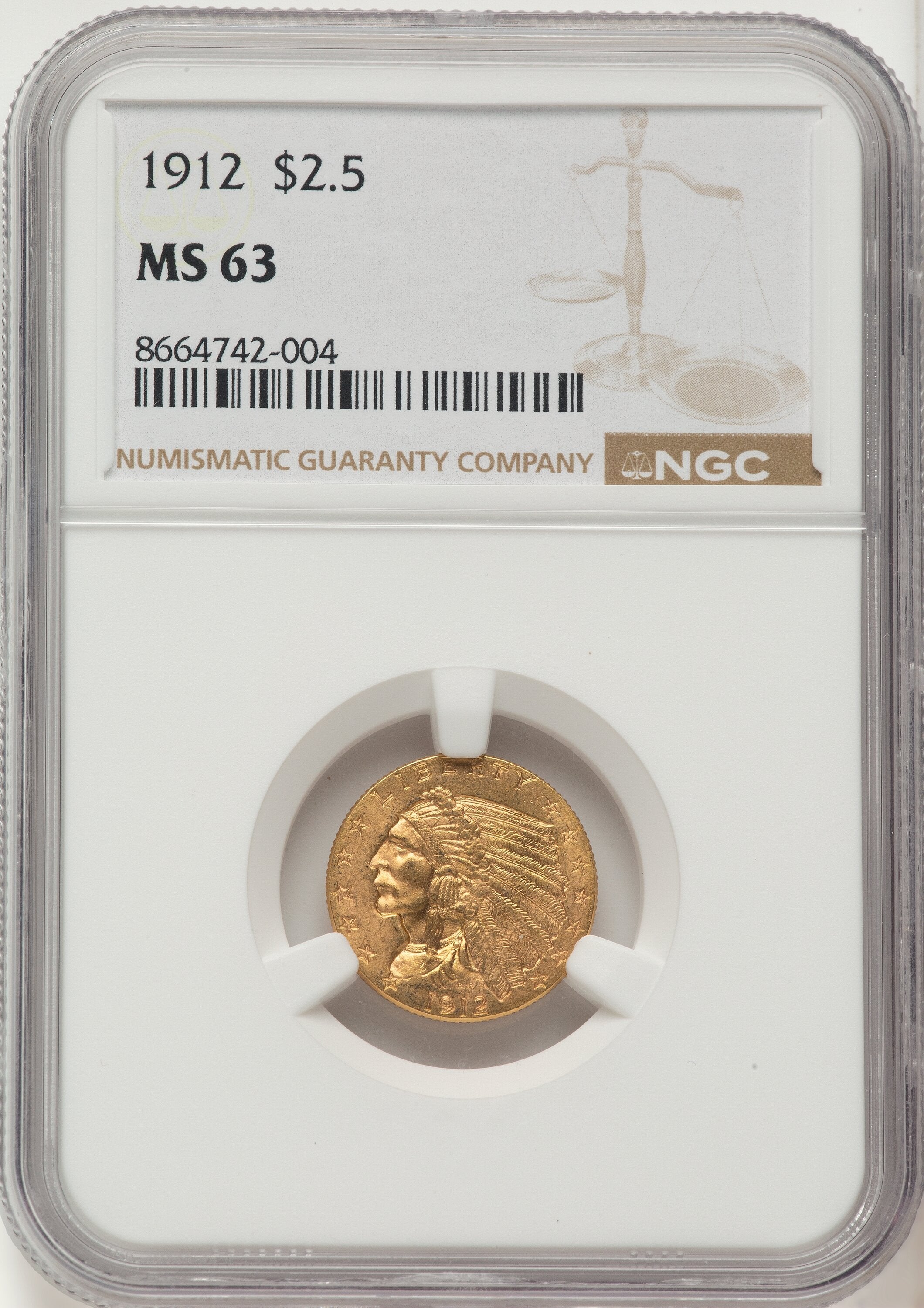1912 $2.50 Indian Quarter Eagle NGC MS63