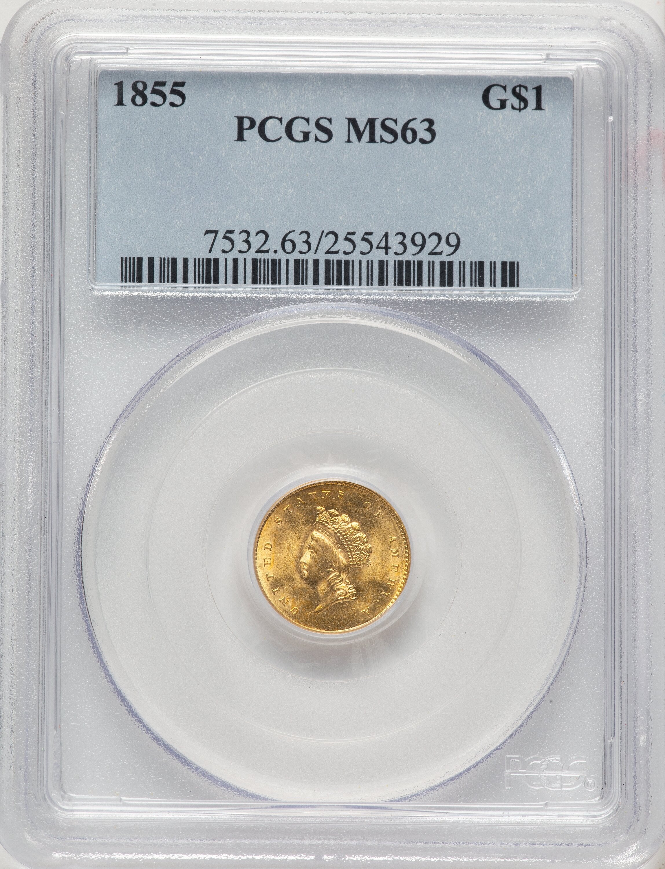 1855 G$1 Type Two Gold Dollar PCGS MS63