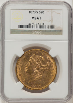 1878-S $20 Brown Label Liberty Double Eagle NGC MS61