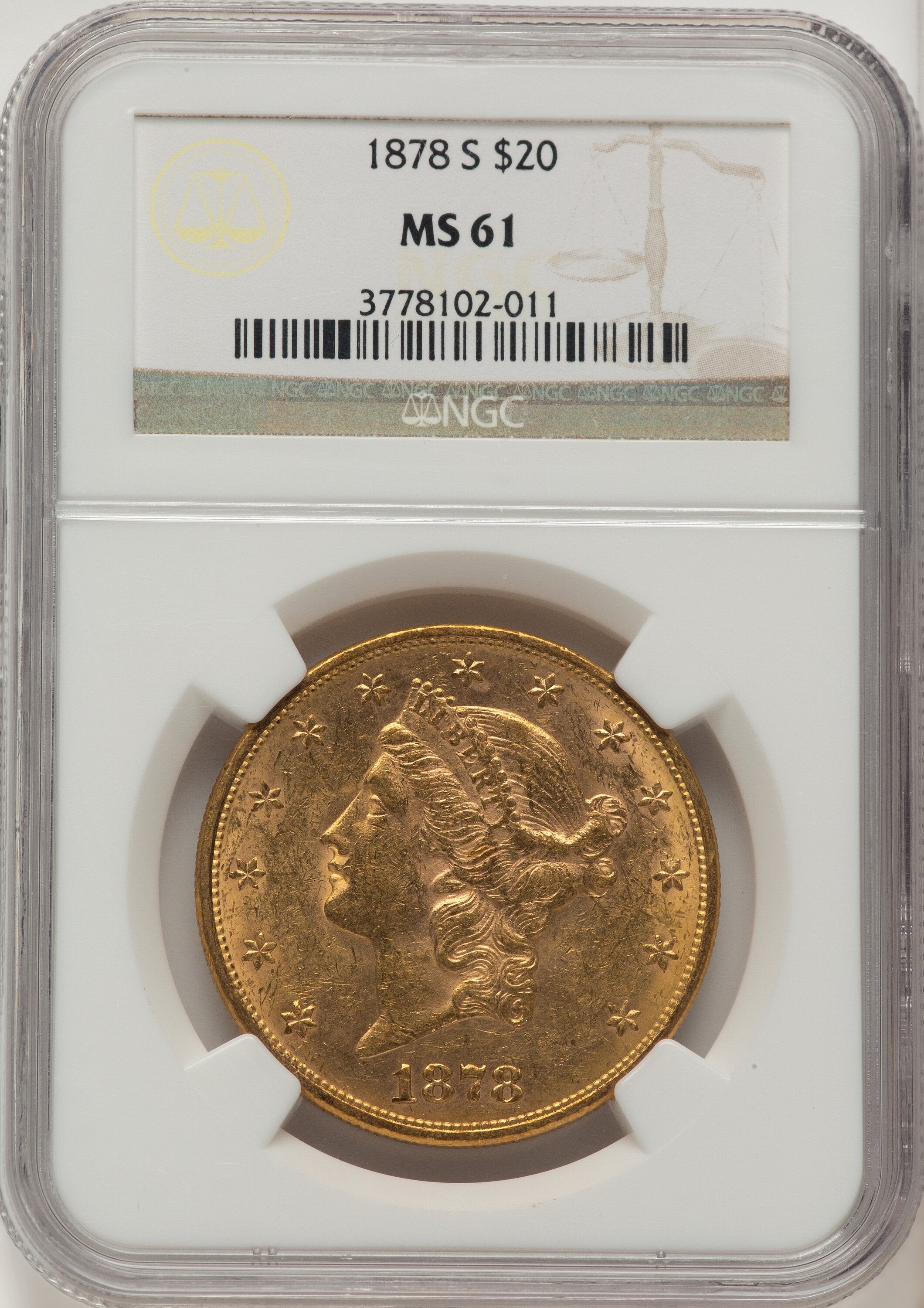 1878-S $20 Brown Label Liberty Double Eagle NGC MS61