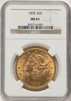 1878 $20 Brown Label Liberty Double Eagle NGC MS61
