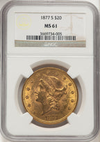 1877-S $20 Brown Label Liberty Double Eagle NGC MS61