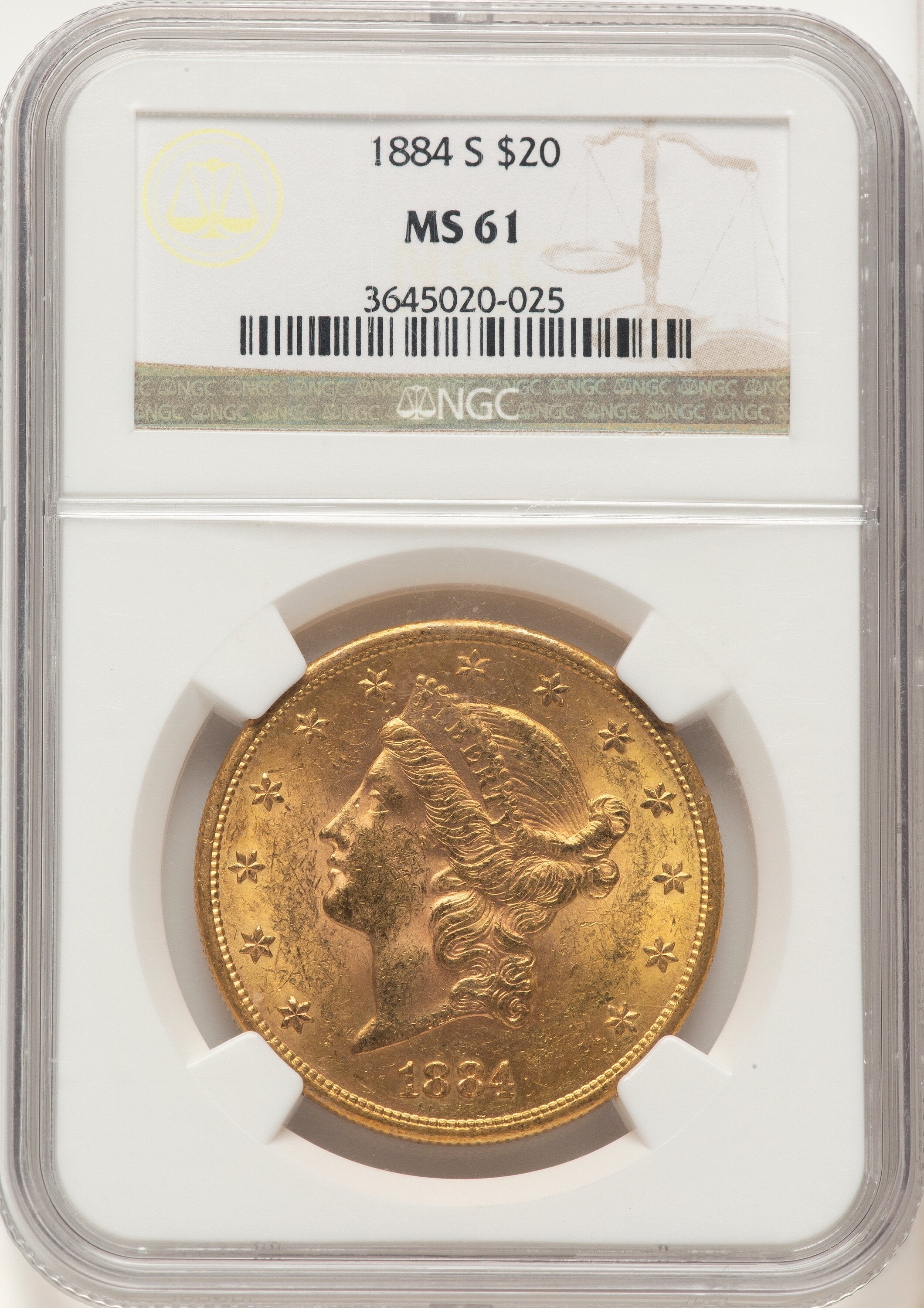 1884-S $20 Brown Label Liberty Double Eagle NGC MS61