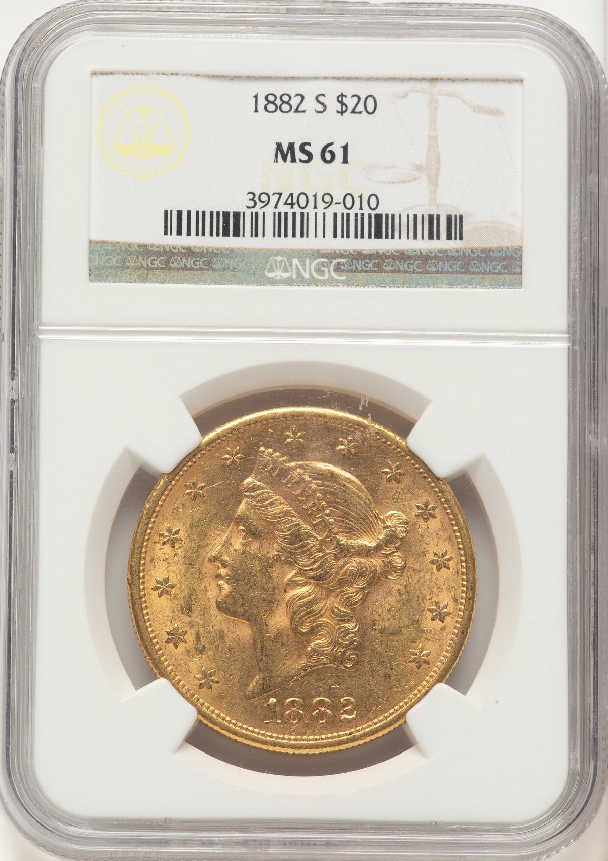 1882-S $20 Brown Label Liberty Double Eagle NGC MS61 | LCR Coin