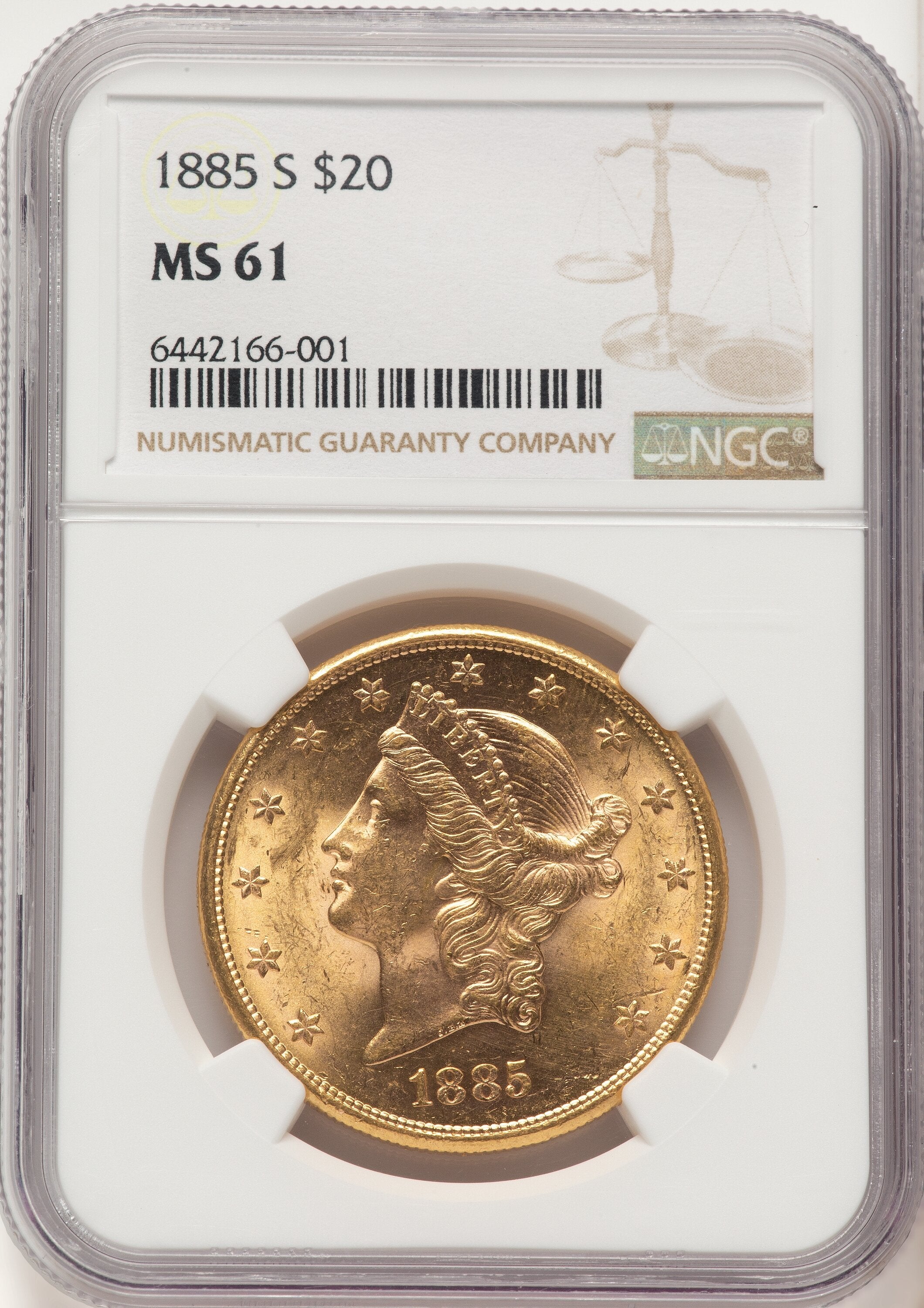 1885-S $20 Brown Label Liberty Double Eagle NGC MS61