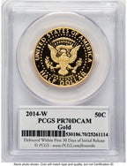2014-W 50C Gold JFK 50th Anniversary FS JFK Flag Chicago August 2014 Proof Kennedy Half Dollar PCGS PR70