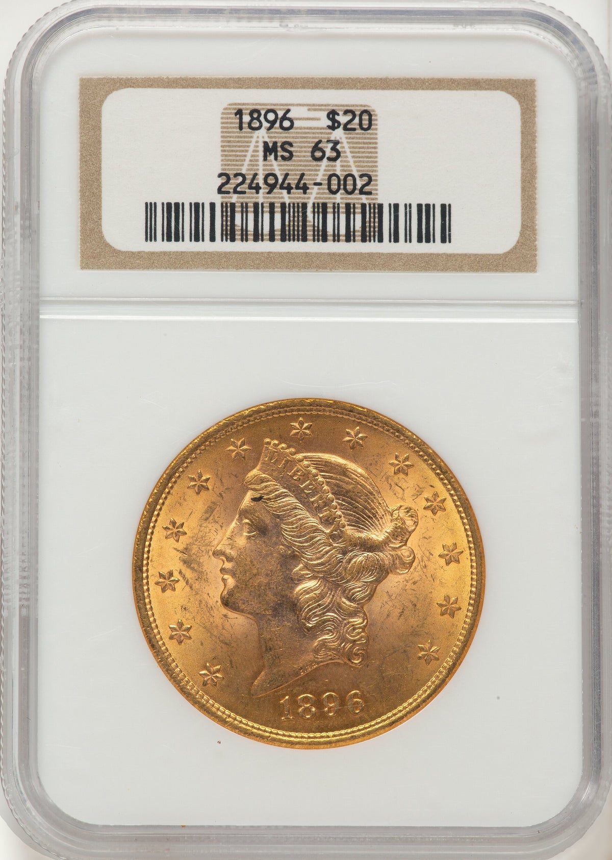 1896 $20 Brown Label Liberty Double Eagle NGC MS63