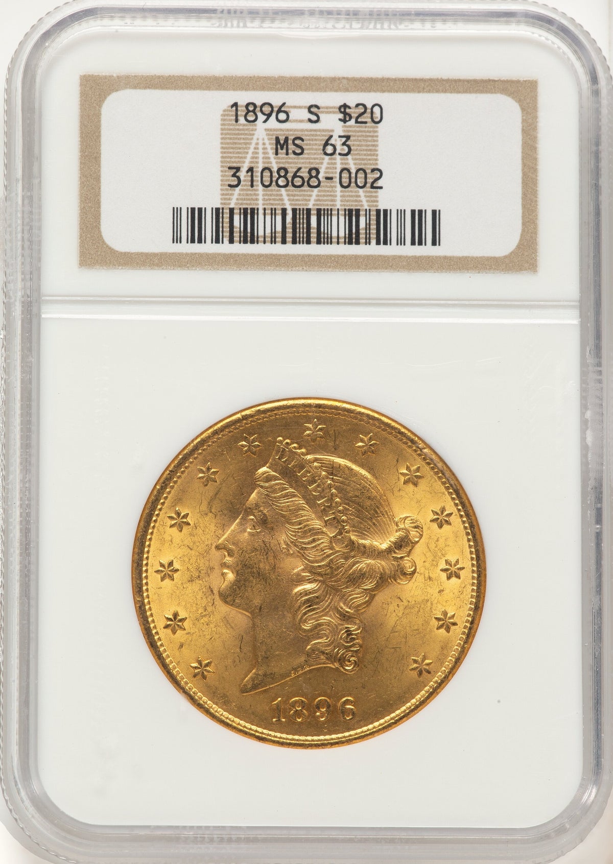 1896-S $20 Brown Label Liberty Double Eagle NGC MS63