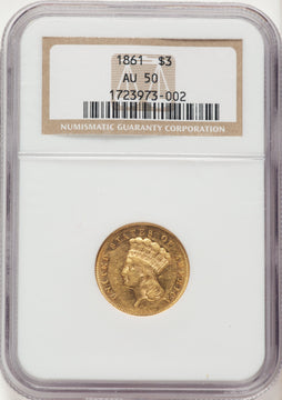 1861 $3 Three Dollar Gold Pieces NGC AU50