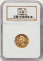 1861 $3 Three Dollar Gold Pieces NGC AU50
