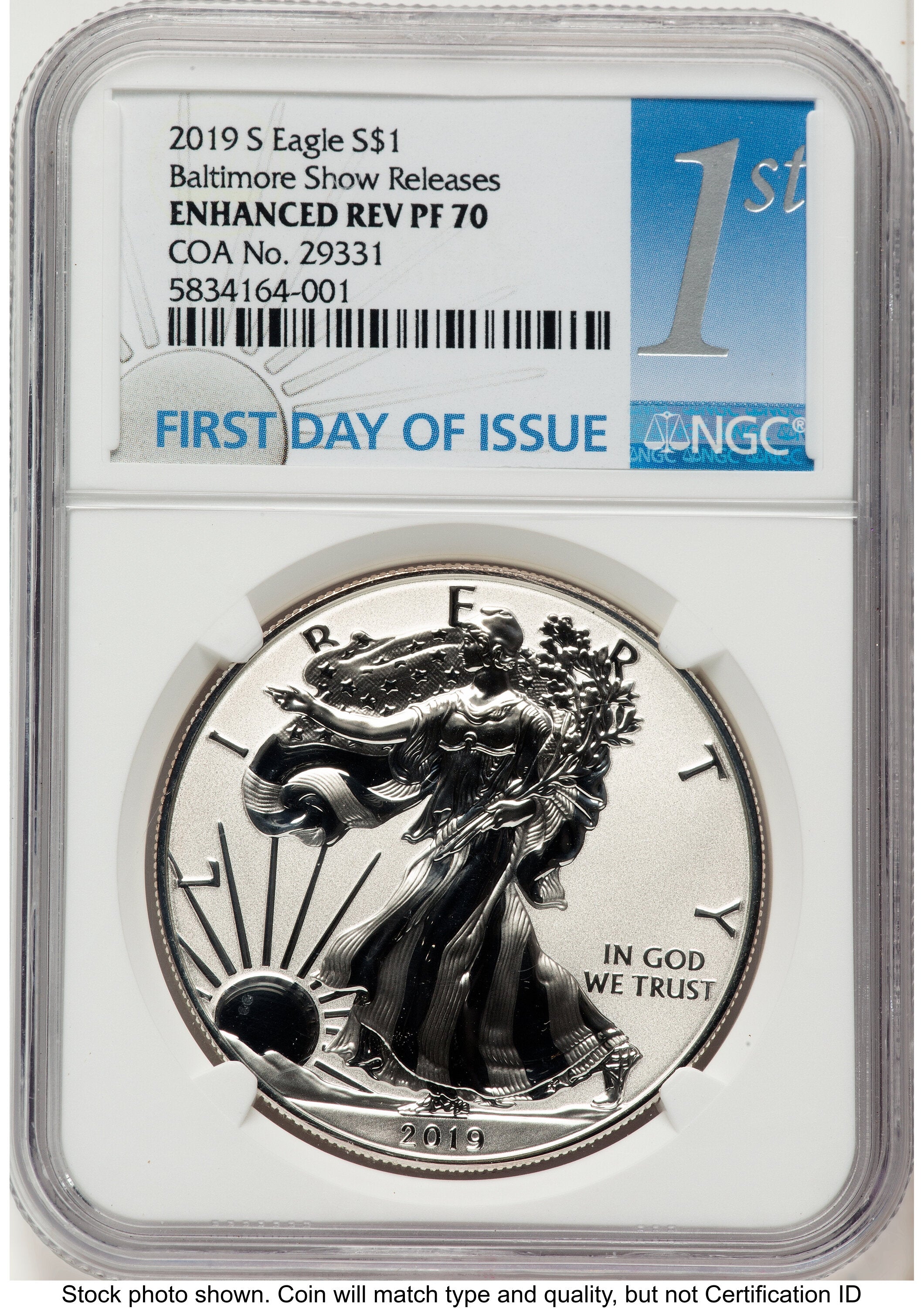 2019-S Enhanced Reverse Proof Silver Eagle 1 oz FDI 1st Baltimore Show Releases NGC PF70