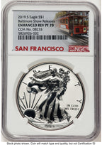 2019-S Enhanced Reverse Proof Silver Eagle 1 oz Baltimore Show Releases Trolley Label NGC PF70