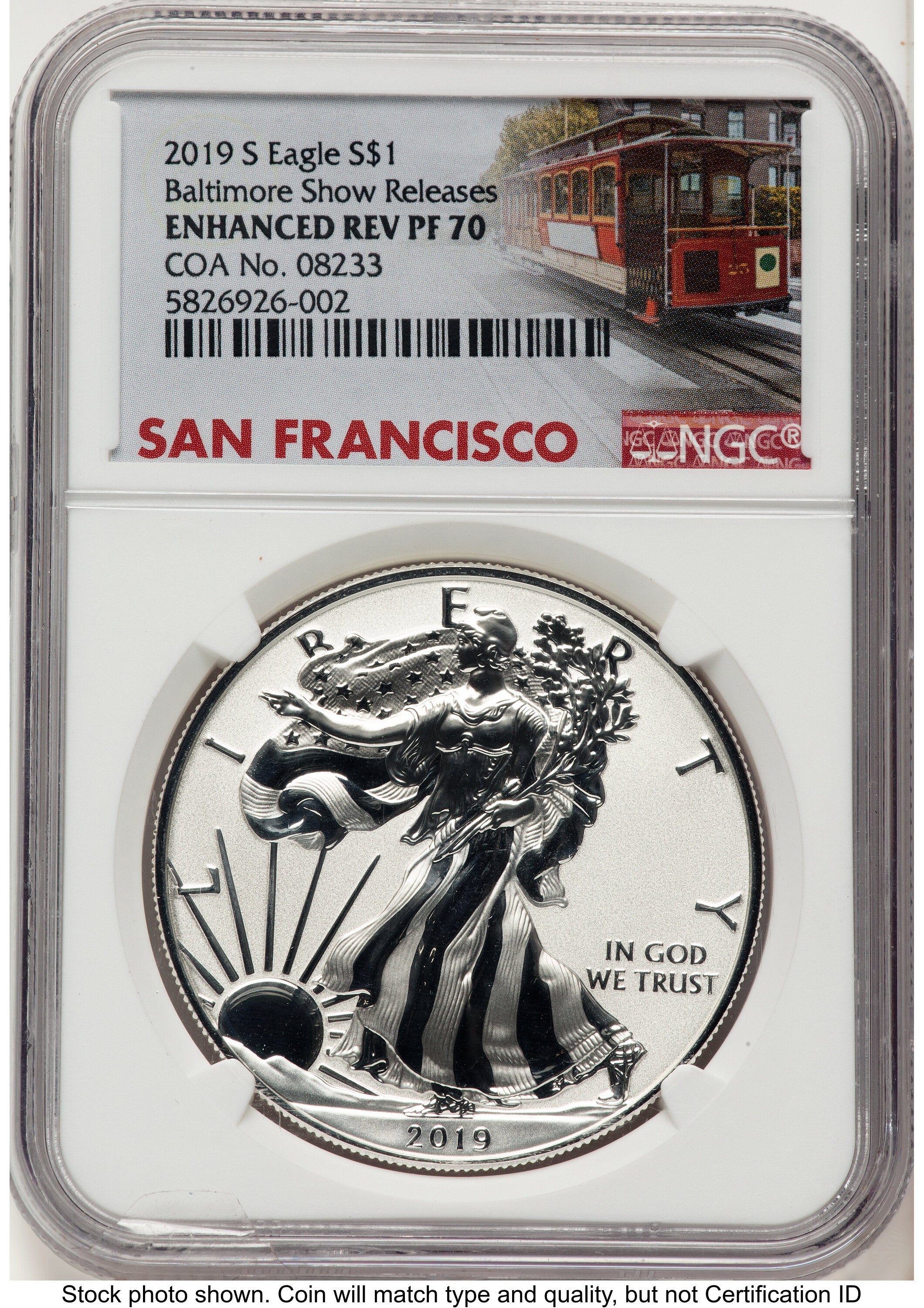 2019-S Enhanced Reverse Proof Silver Eagle 1 oz Baltimore Show Releases Trolley Label NGC PF70