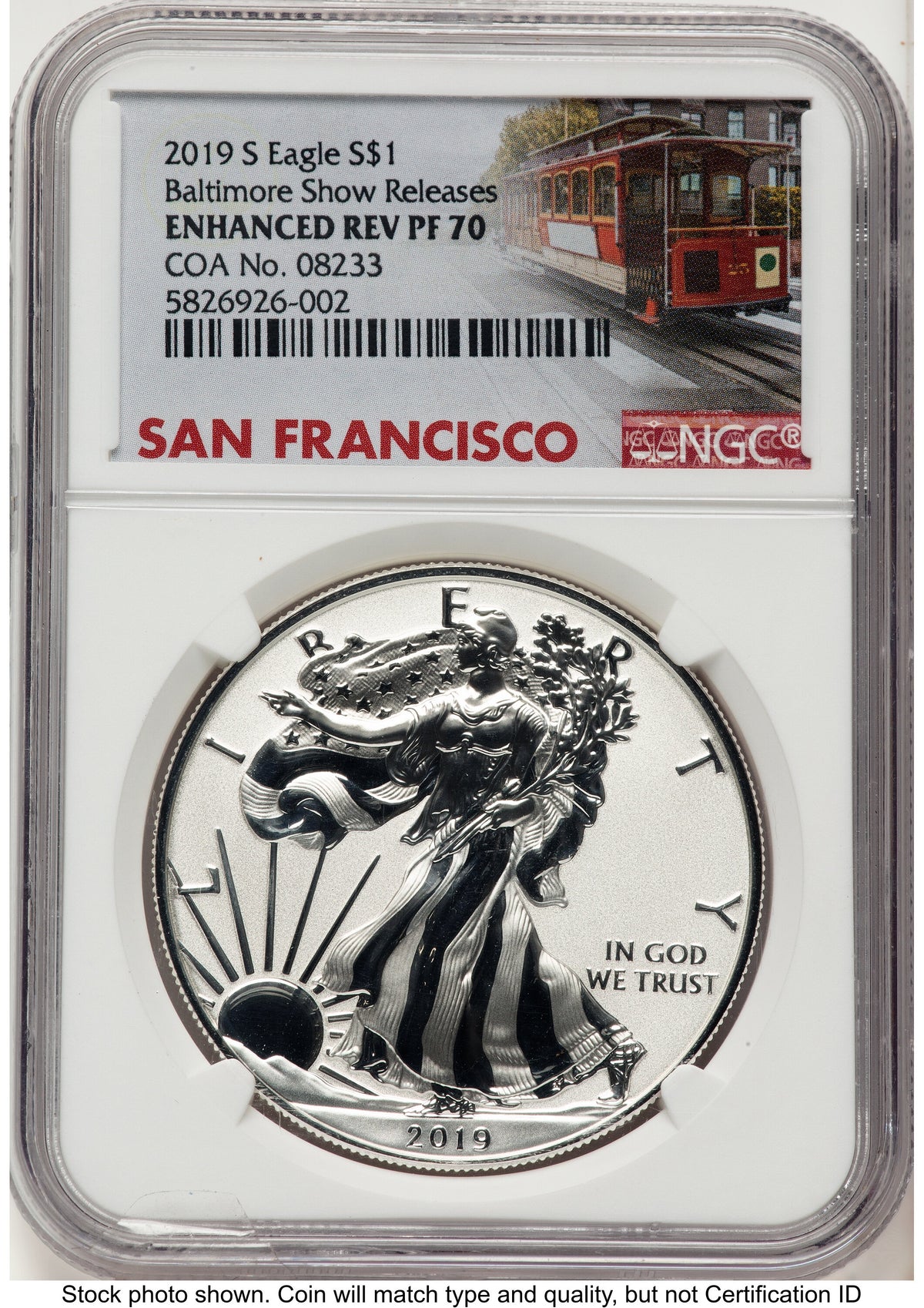 2019-S Enhanced Reverse Proof Silver Eagle 1 oz Baltimore Show Releases Trolley Label NGC PF70