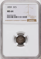 1859 3CS Three Cent Silver NGC MS64