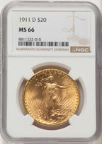 1911-D $20 Saint-Gaudens Double Eagle NGC MS66