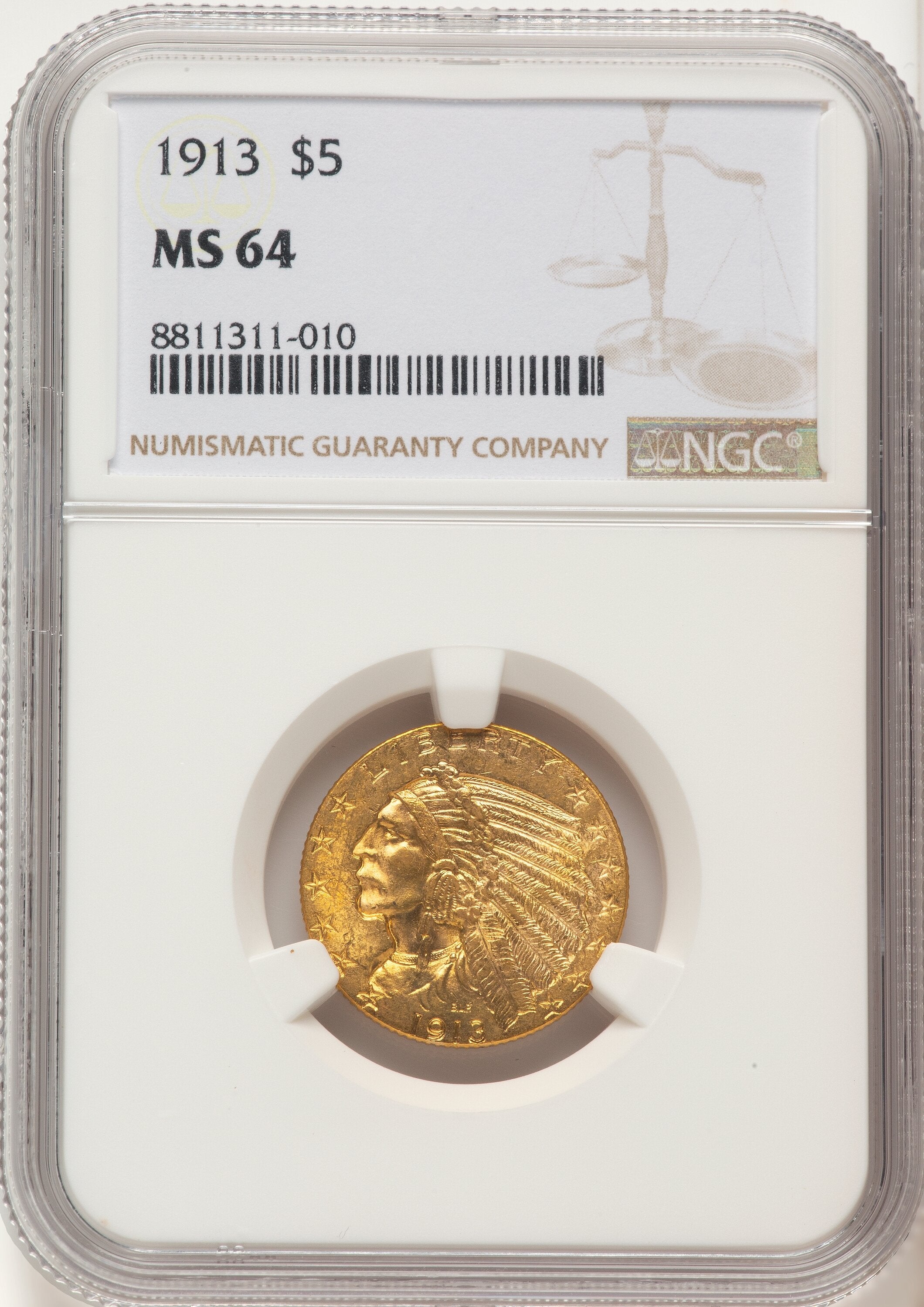 1913 $5 Indian Half Eagle NGC MS64