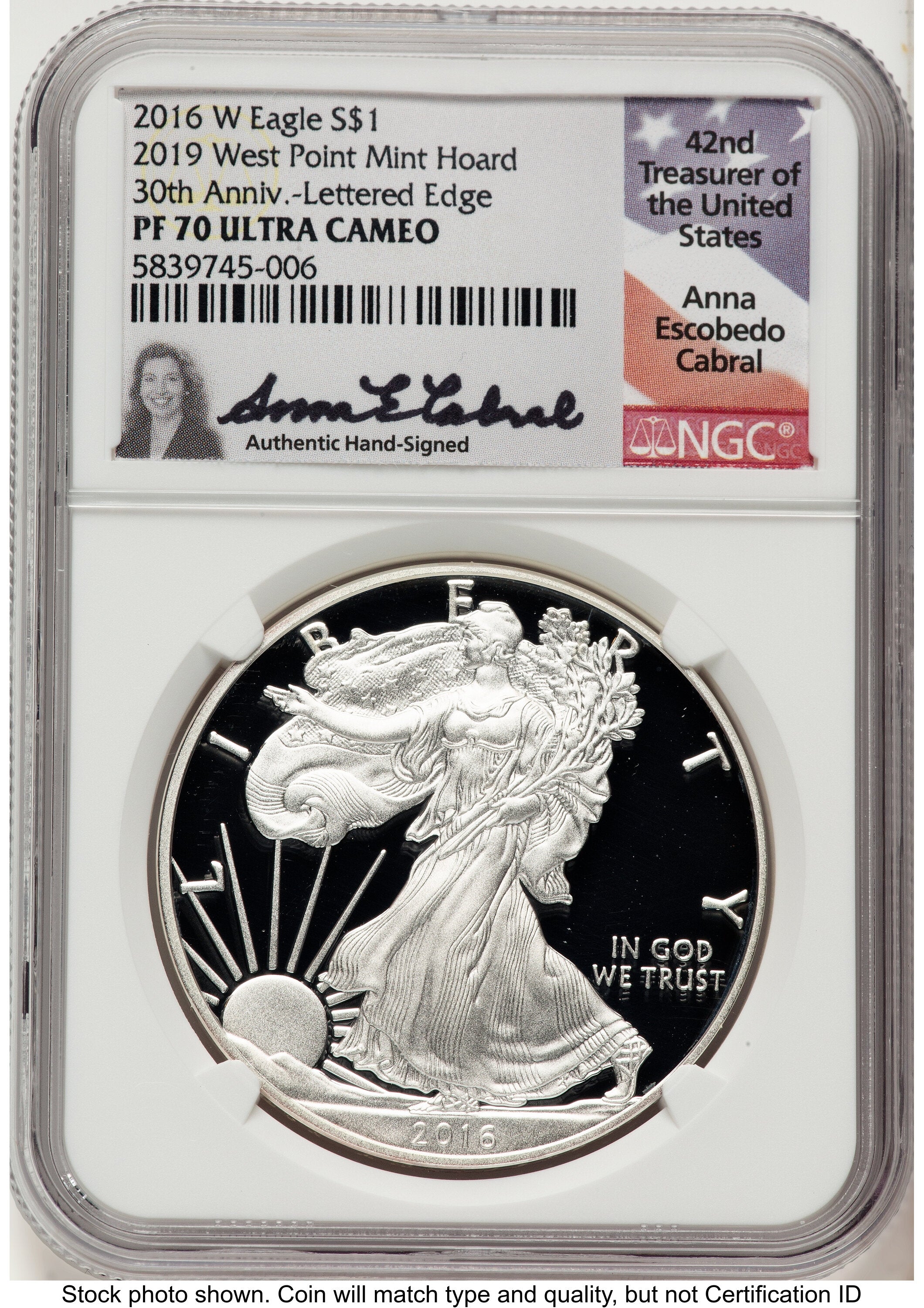 2016-W Proof Silver Eagle 1 oz 2019 West Point Mint Hoard Anna Cabral NGC PF70