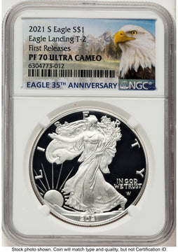 2021-S TY2 Proof Silver Eagle 1 oz FR Eagle Mountain Label NGC PF70