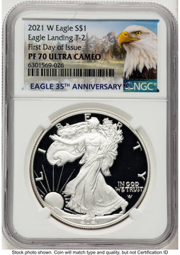2021-W TY2 Proof Silver Eagle 1 oz FDI Eagle Mountain Label NGC PF70