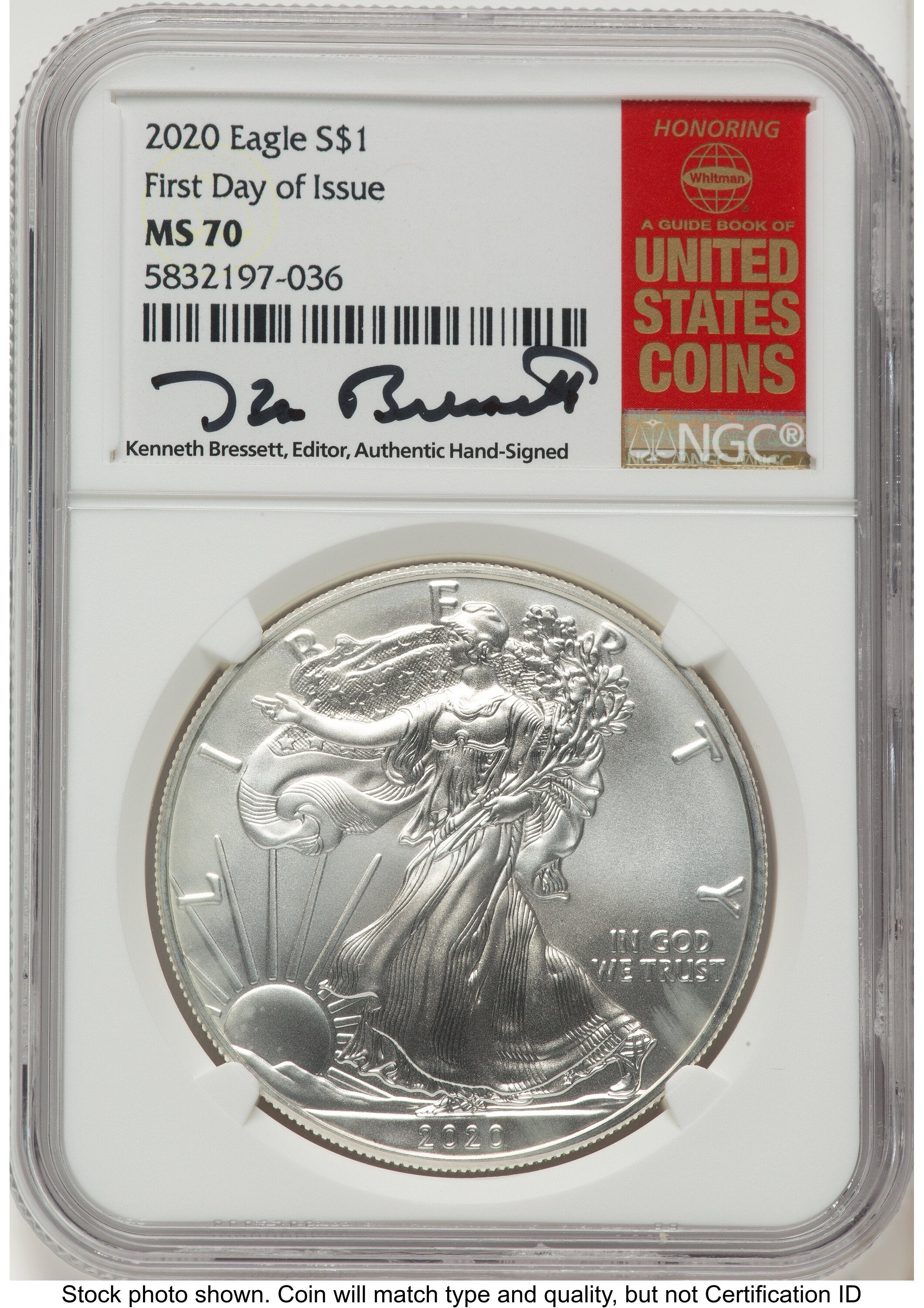 2020 Silver Eagle FDI Kenneth Bressett Red Book NGC MS70