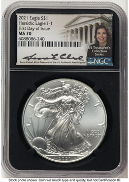 2021 Silver Eagle Type 1 FDI Anna Cabral US Treasurer's Collection Series NGC MS70