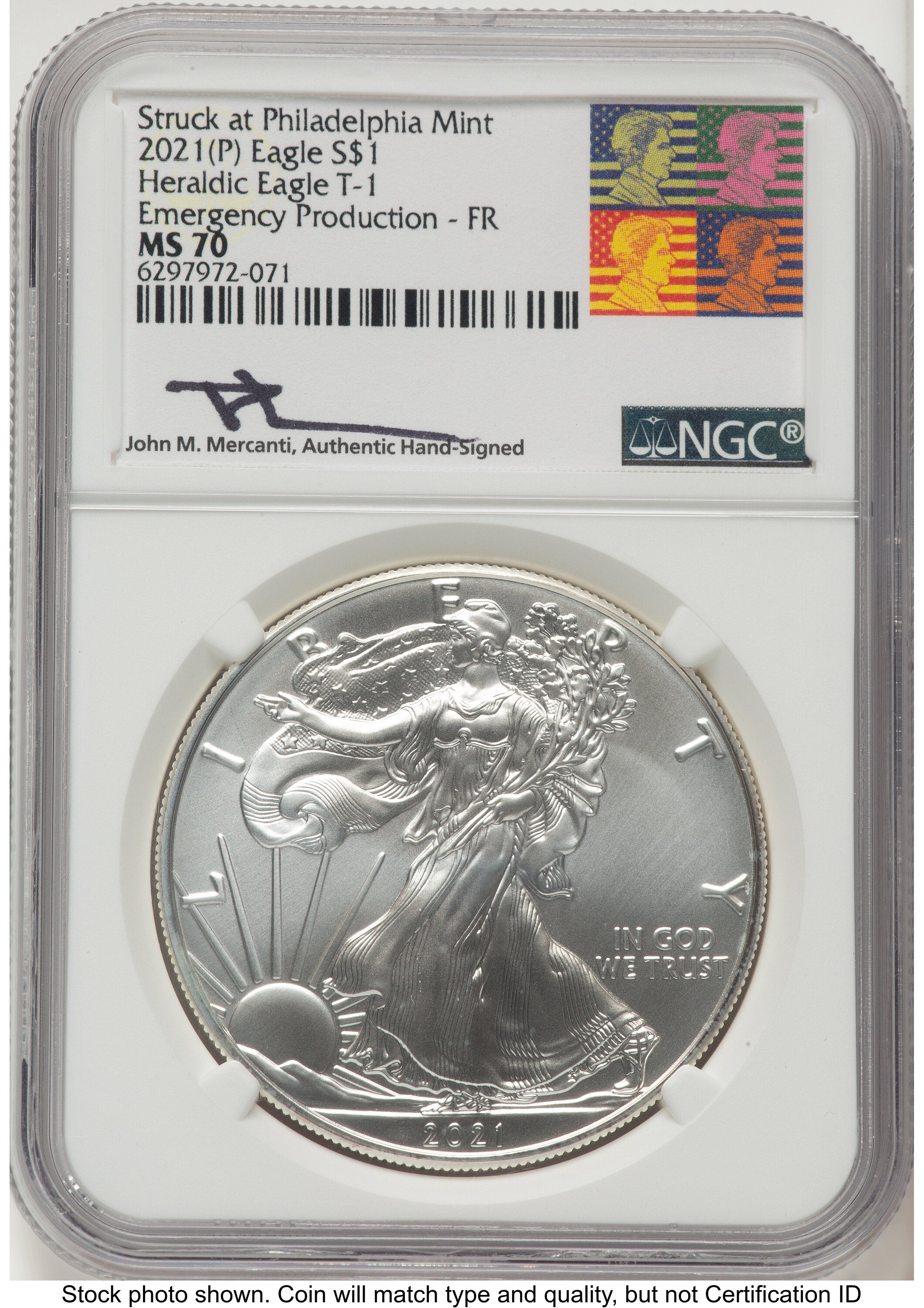 2021-(P) Silver Eagle Type 1 Emergency Production FR John Reagan Bust Art NGC MS70 Mercanti