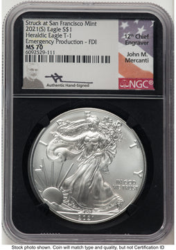 2021-(S) Silver Eagle Type 1 Emergency Production FDI John NGC MS70 Mercanti