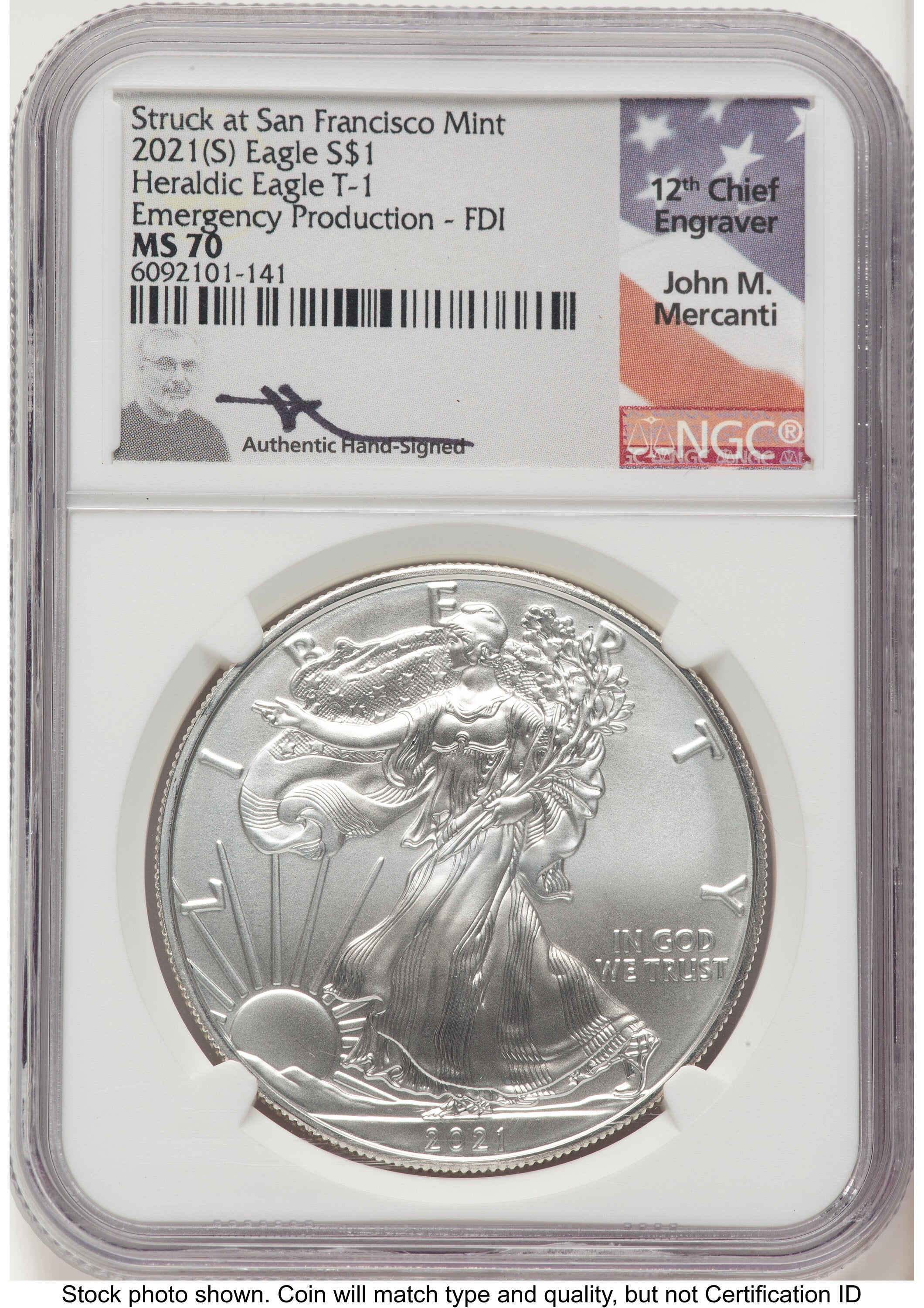 2021-(S) Silver Eagle Type 1 Emergency Production FDI John NGC MS70 Mercanti