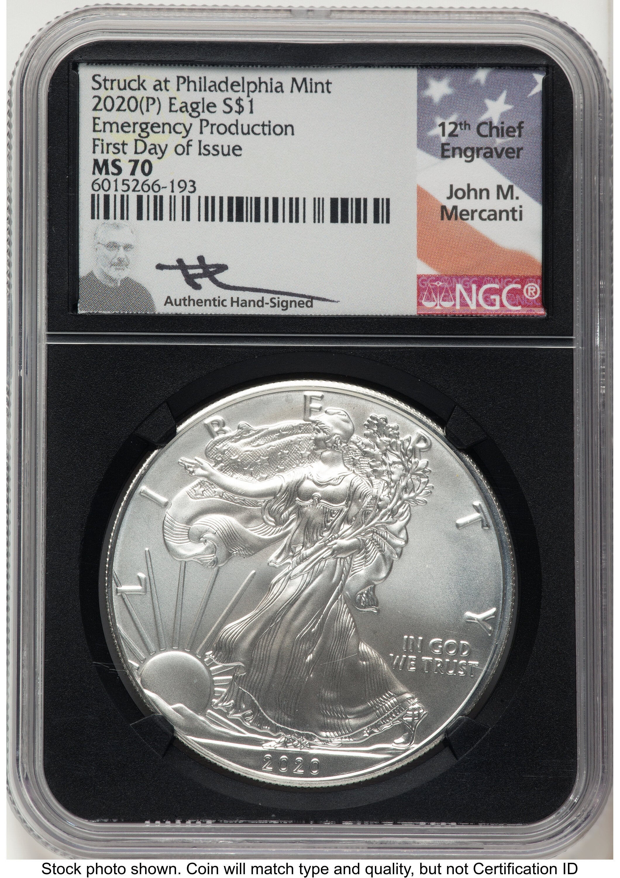 2020-(P) Silver Eagle Emergency Production FDI John NGC MS70 Mercanti