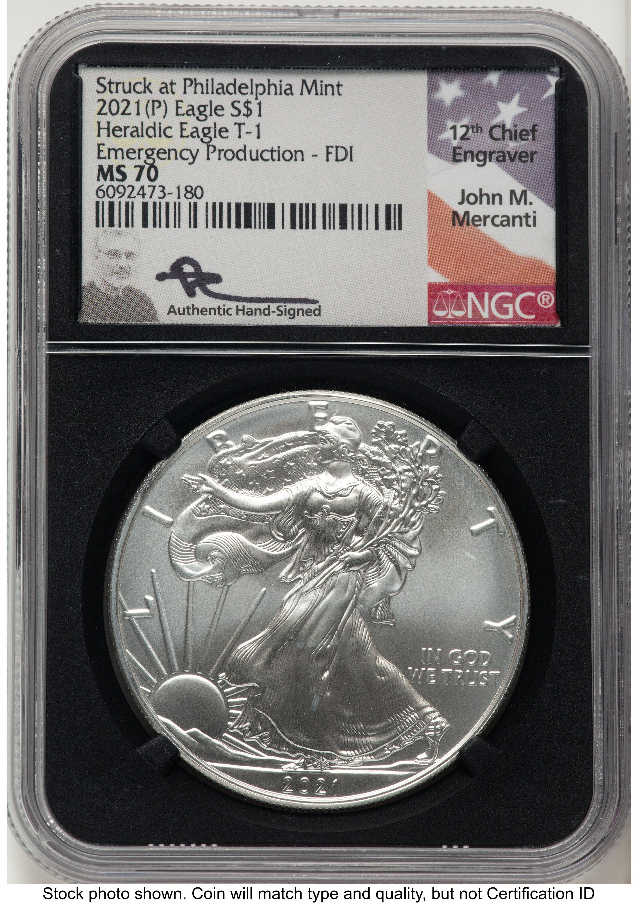 2021-(P) Silver Eagle Type 1 Emergency Production FDI John NGC MS70 Mercanti