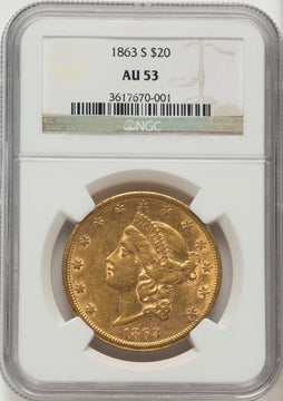 1863-S $20 Brown Label Liberty Double Eagle NGC AU53