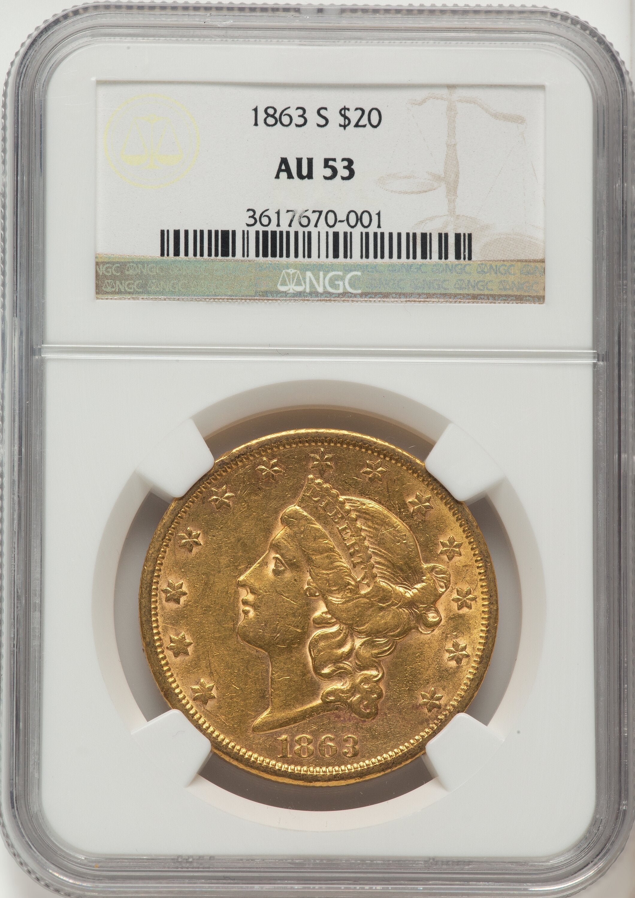 1863-S $20 Brown Label Liberty Double Eagle NGC AU53