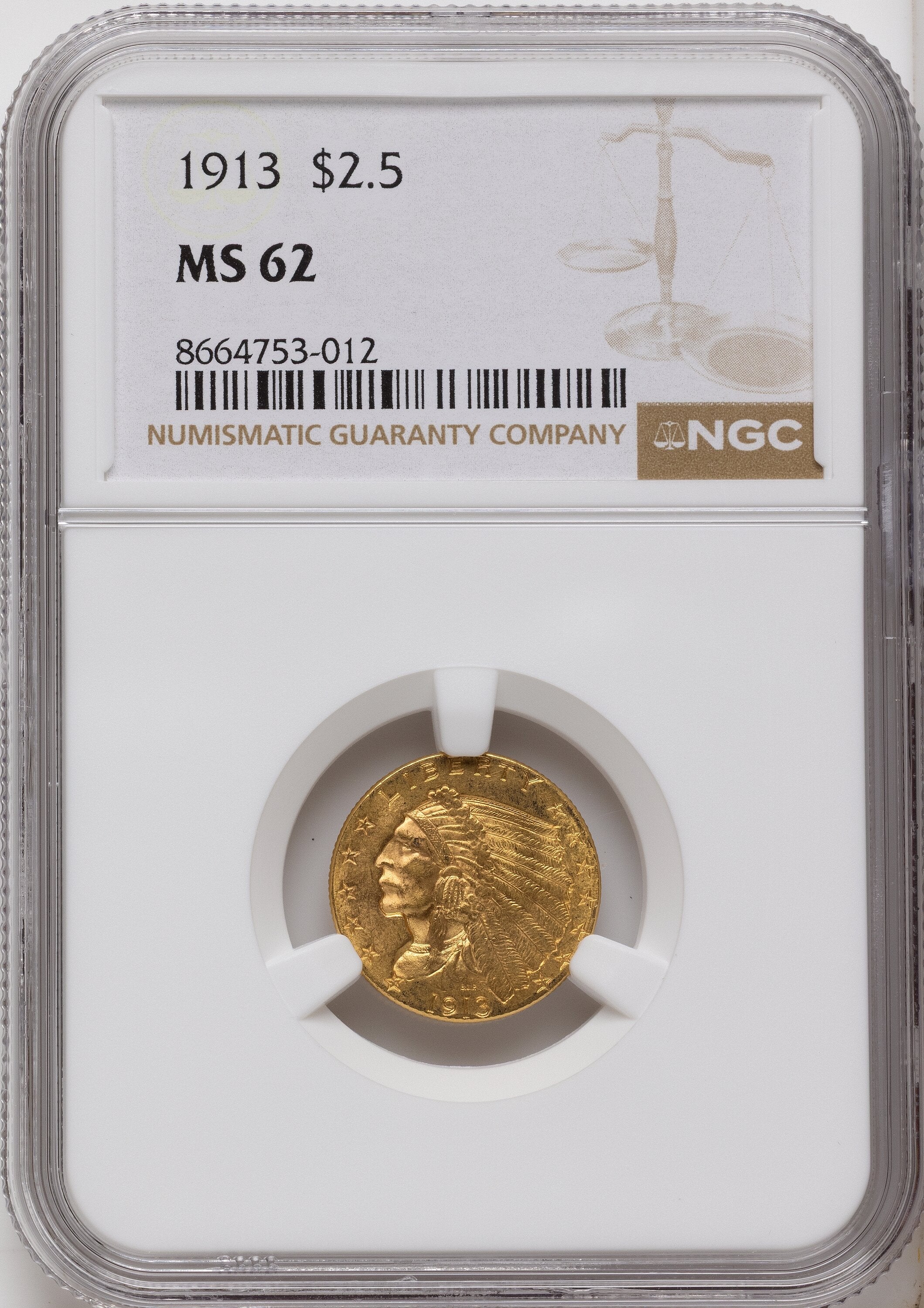 1913 $2.50 Indian Quarter Eagle NGC MS62