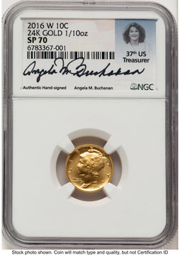 2016-W 10C Mercury Dime 100th Anniversary Gold Centennial Angela Buchanan NGC MS70