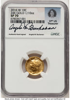 2016-W 10C Mercury Dime 100th Anniversary Gold Centennial Angela Buchanan NGC MS70