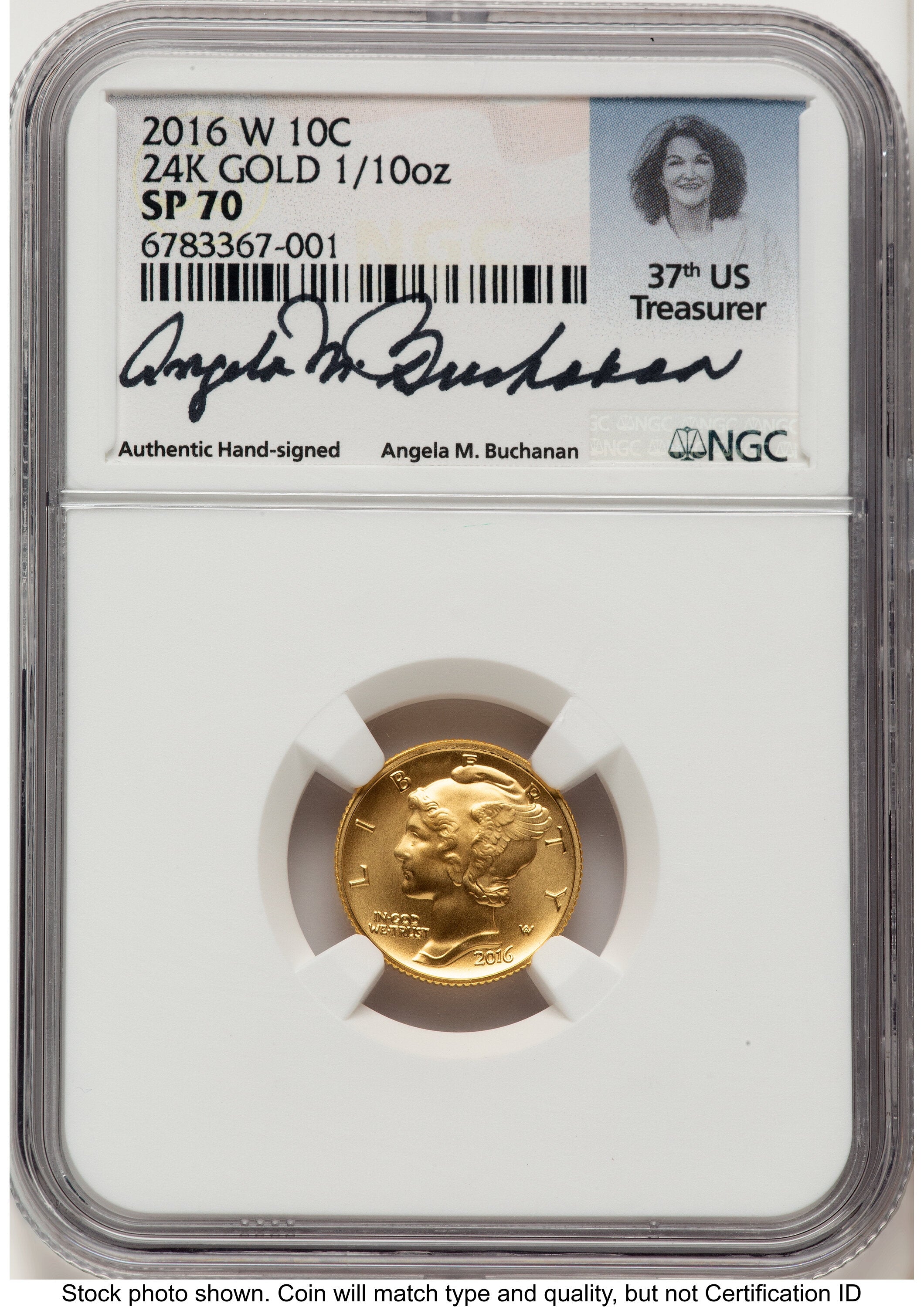 2016-W 10C Mercury Dime 100th Anniversary Gold Centennial Angela Buchanan NGC MS70
