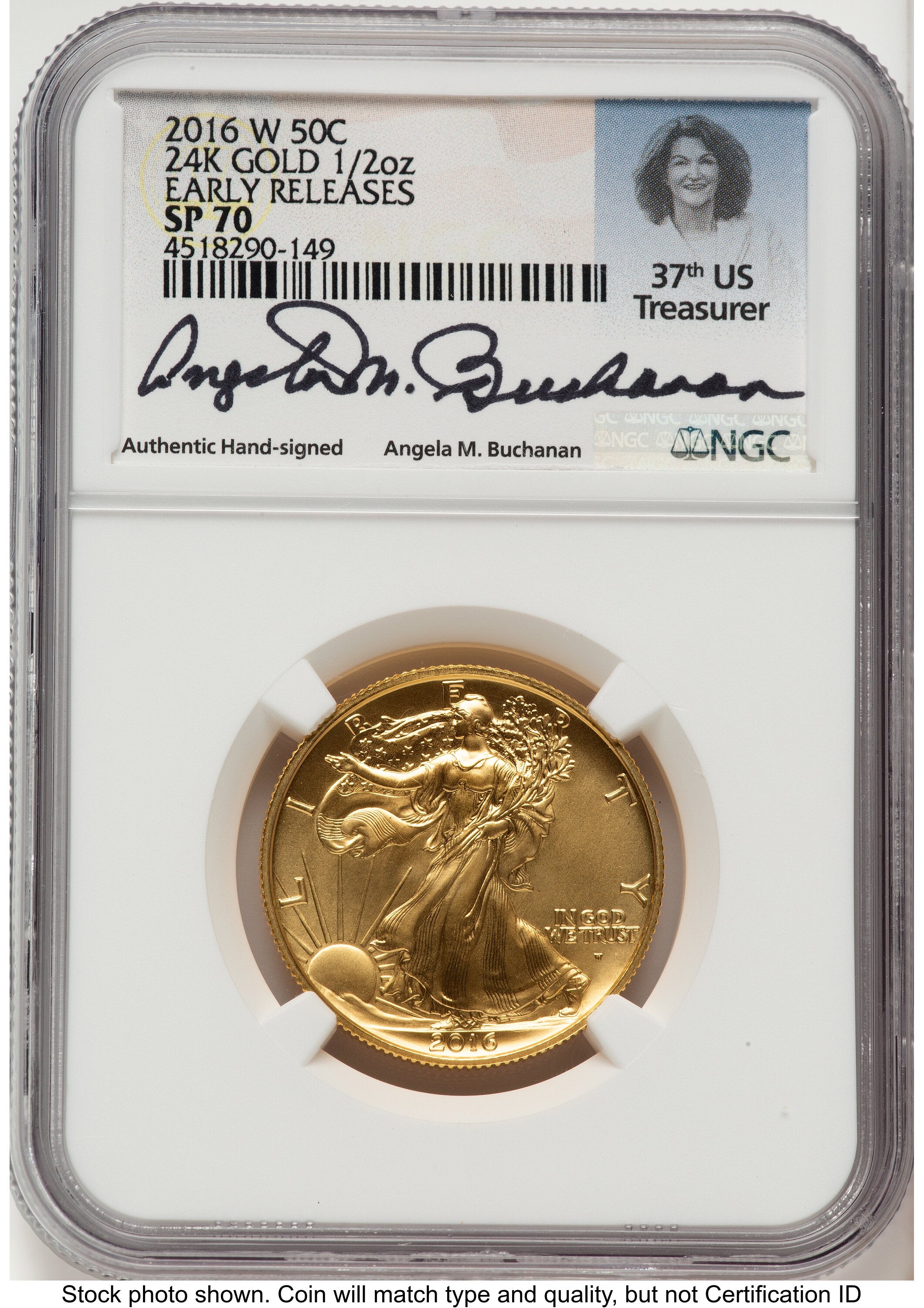 2016-W 50C Walking Liberty 100th Anniversary Gold Centennial ER Angela Buchanan NGC MS70