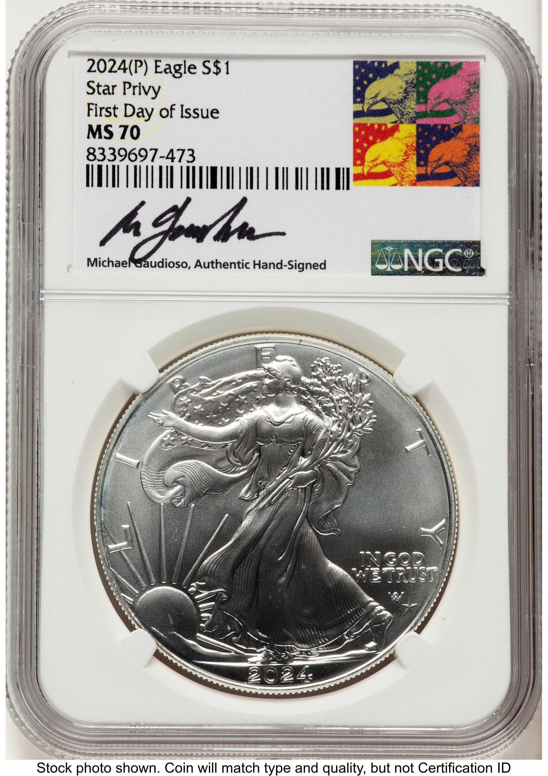 2024-(P) Silver Eagle (Privy Mark) FDI Michael Gaudioso Eagle Art NGC MS70
