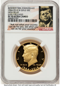 2014-W 50C Gold JFK 50th Anniversary ER JFK Ask Not Label Proof Kennedy Half Dollar NGC PR70